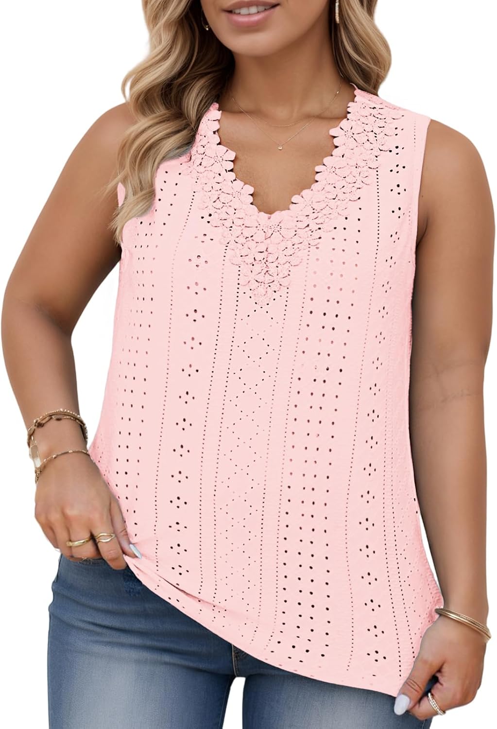 VISLILY Womens-Plus-Size-Tank-Tops Summer Floral Lace Trim V Neck Shirts Casual Sleeveless Blouses Cute Eyelet Tunics XL-5XL - Image 2