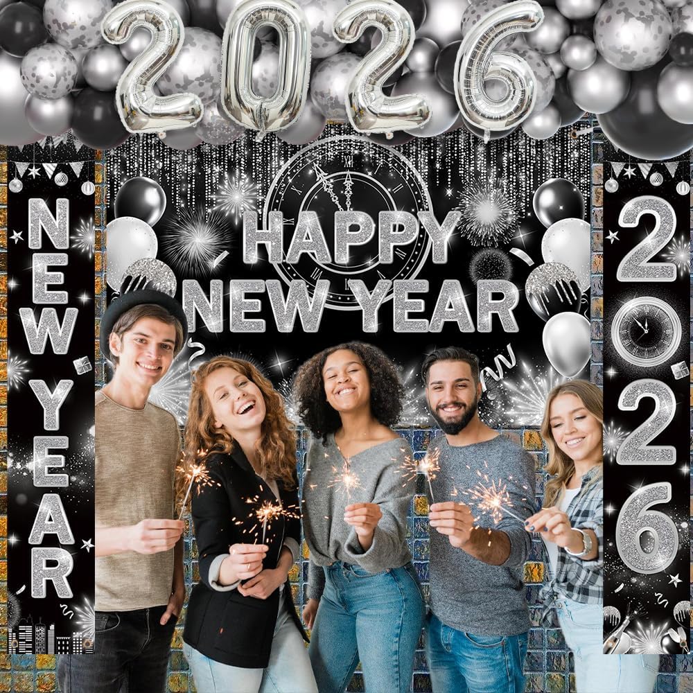 75Pcs Black and Silver New Years Decorations 2026 Happy New Year Decorations Kit Banner, Balloon Arch and New Year Porch Banner for 2026 New Years Eve Party Supplies - Image 7