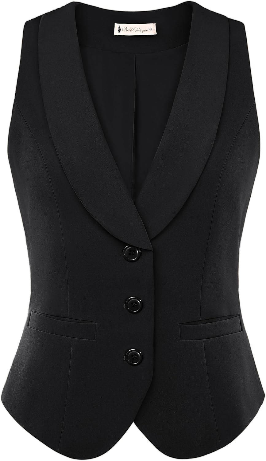 Belle Poque Vintage Lapel Collar Suit Vest Tops for Women V Neck Sleeveless Work Dressy Waistcoat Blazer with Pockets