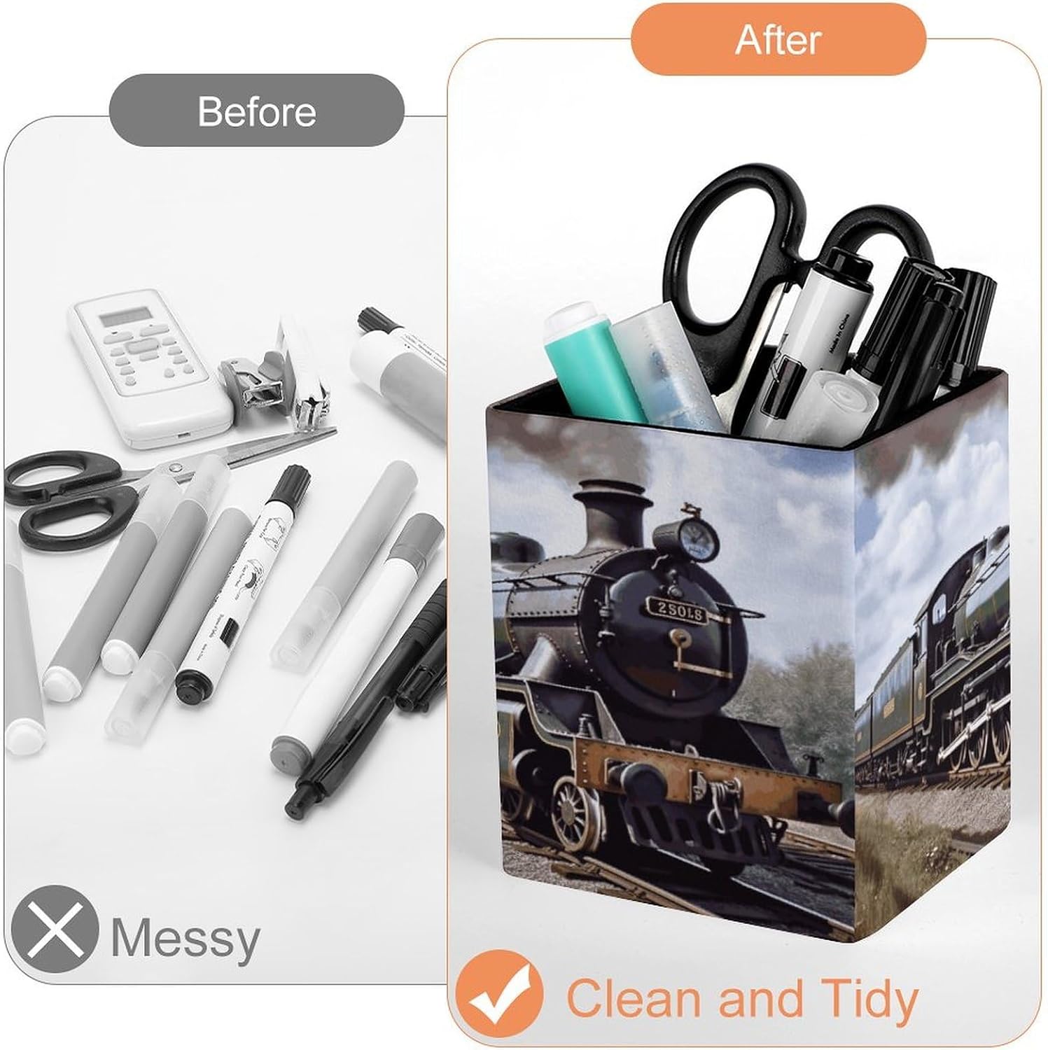 Square Pen Holder Steam Locomotive Train Desk Organizer Pencil Cup image 3