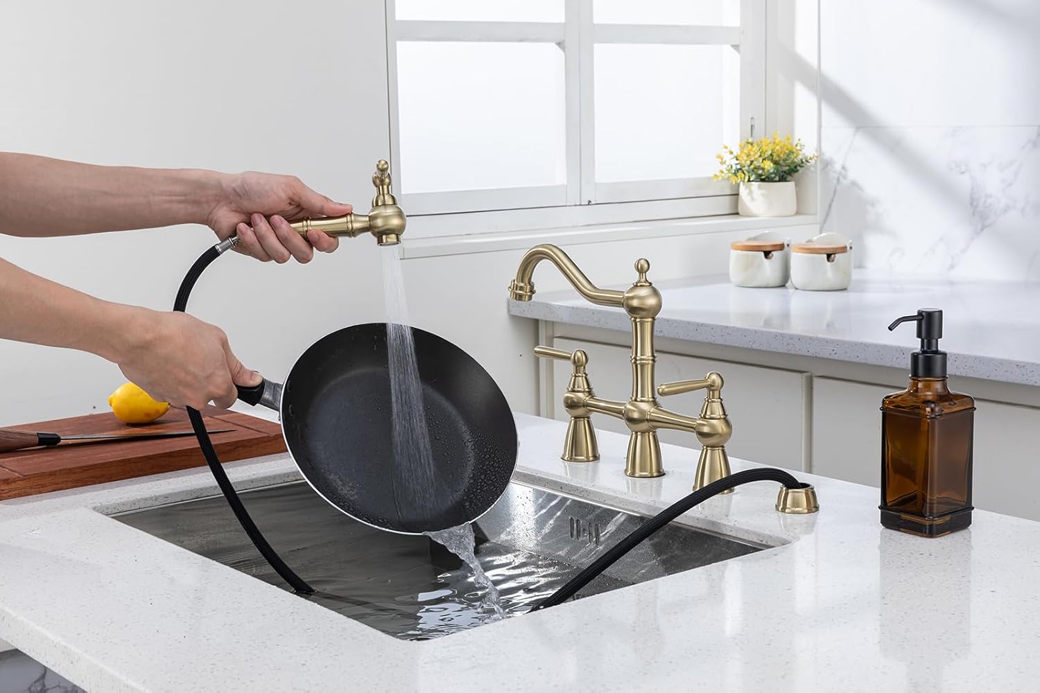 Avola Solid Brass Bridge Kitchen Faucet with Pull Down Sprayer,2 Handles 4 Holes Antique Classic Heritage Kitchen Sink Faucets with Side Sprayer,Brushed Gold Vintage Kitchen Faucets