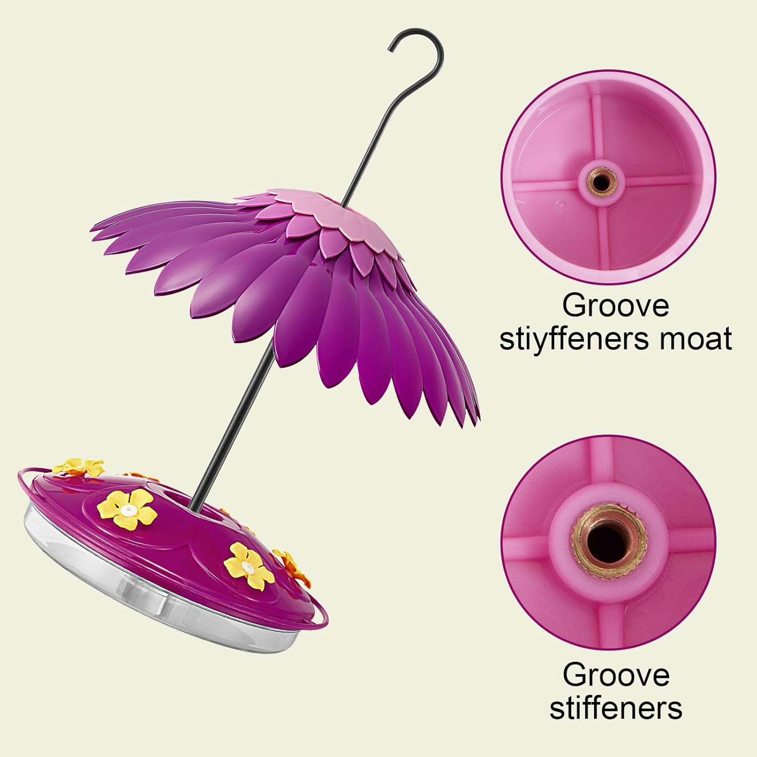 Hummingbird Bird Feeders for Outdoors Hanging, Bird Feeder Cover Built-in Moat Weather Protective Rain Guard 16Oz Hummingbird Nectar Feeder with 6 Ports and 14 Inche Dome Baffle Kit(Purple) - Image 3