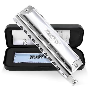 East top Chromatic Mouth Organs Harmonica Key of C,10 Holes 40 Tones Chromatic Harmonica Mouth Organ for Adult Beginners and Professionals with Silver Cover(T10-40) - image, photos