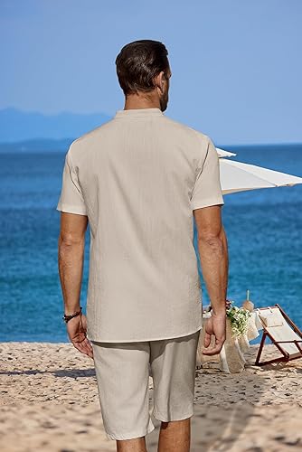 Miniatura 3 de COOFANDY - Conjunto de 2 piezas de lino para hombre, camisas Henley casuales de manga corta, pantalones cortos de playa, yoga, pantalones de verano