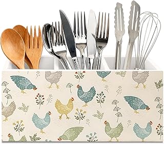 Farmhouse Chicken Wooden Utensils Holder, Chicken Kitchen Decor, Vintage French Country Farm Animal Wood Cooking Utensil Holder Organizer for Kitchen Countertop Counter Decor