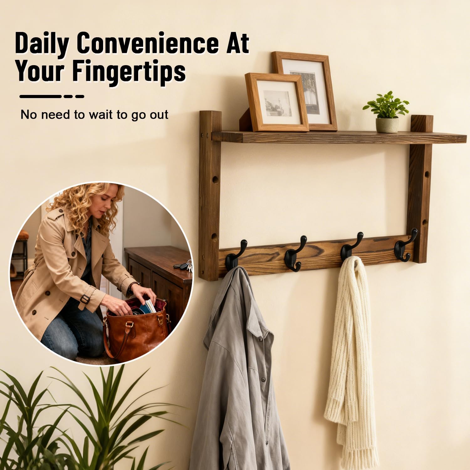 28" Coat Rack Wall Mount with Shelf, Entryway Key Holder Wall Mount Wood Wall Coat Hooks with 7 Hooks 3 Key Hanger, Wall Mounted Coat Rack Mail Holder for Living Room, Bedroom