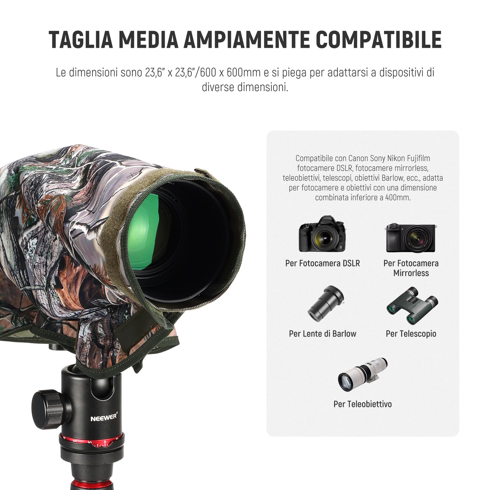 NEEWER Copertura Antipioggia per Fotocamera, Manica di Copertura Impermeabile Grande M per Canon Sony Nikon Fujifilm Fotocamera DSLR e Obiettivi Fino a 200mm, Nylon Camouflage a Doppio Lato, PB021