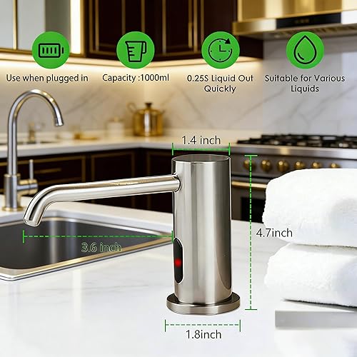 Miniatura 2 de Dispensador automático de jabón sin contacto para cocina y baño, dispensador de jabón líquido eléctrico de níquel cepillado integrado con gran