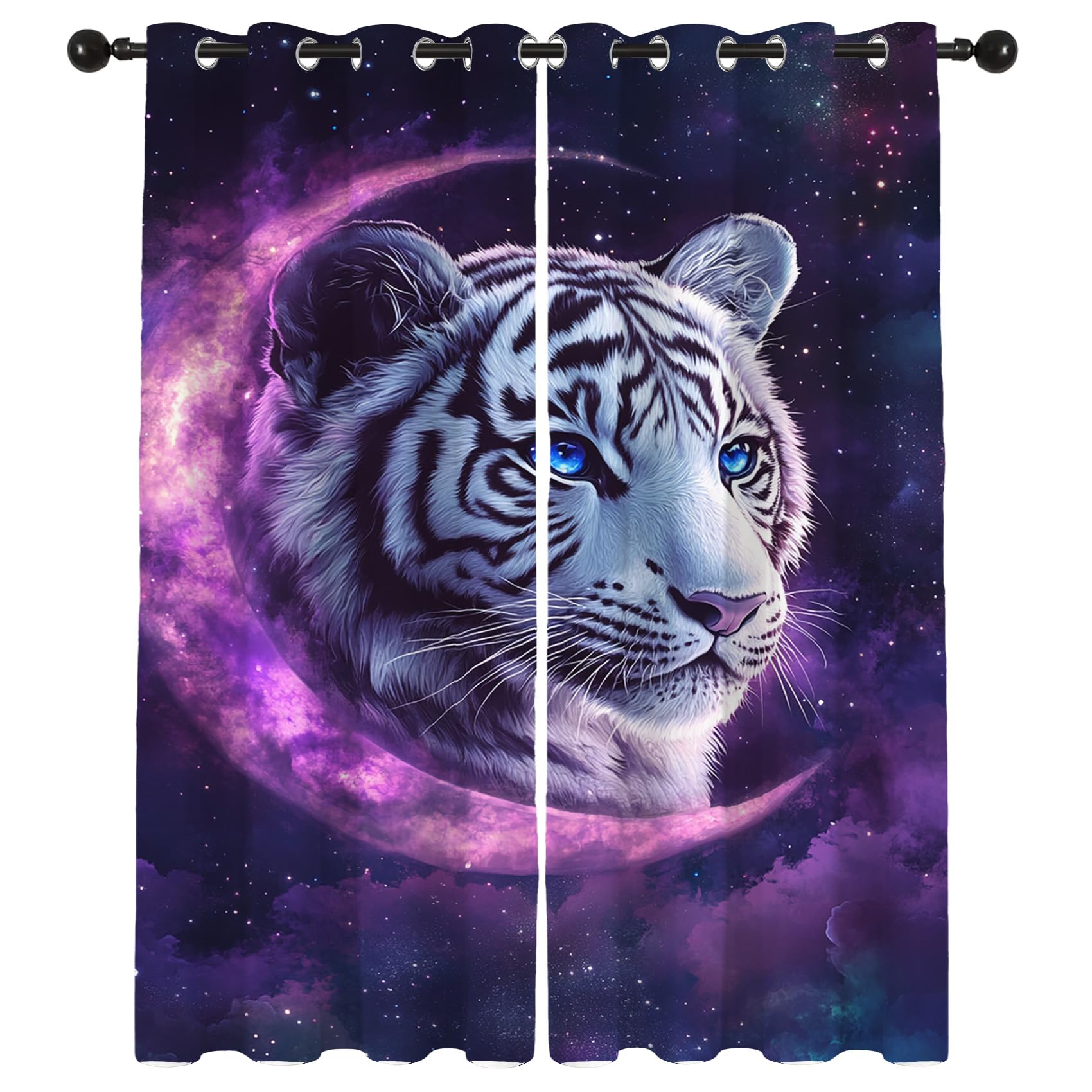 Tiger Vorhänge Galaxie Sternenhimmel Mond Vorhang Blickdicht Gardinen 137 cm Hoch Verdunklungsvorhänge mit Ösen Thermovorhang für Wohnzimmer Schlafzimmer Kinderzimmer Fenster Deko 2er Set