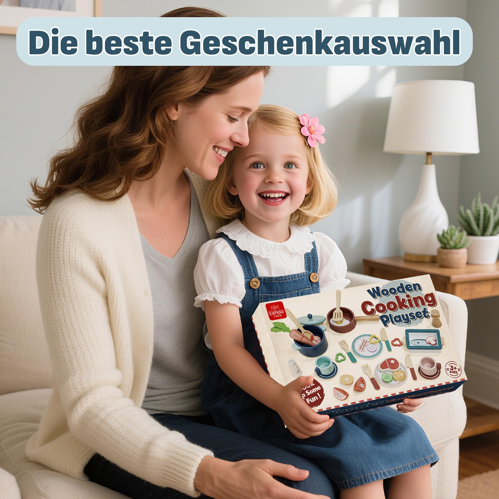 Lehoo Castle Kinderküche Zubehör, Spielküche Zubehör Holz, Kinder Küchenset, Kinderküche Geschirr mit Töpfe und Kochgeschirr, Spielzeug ab 3 Jahre