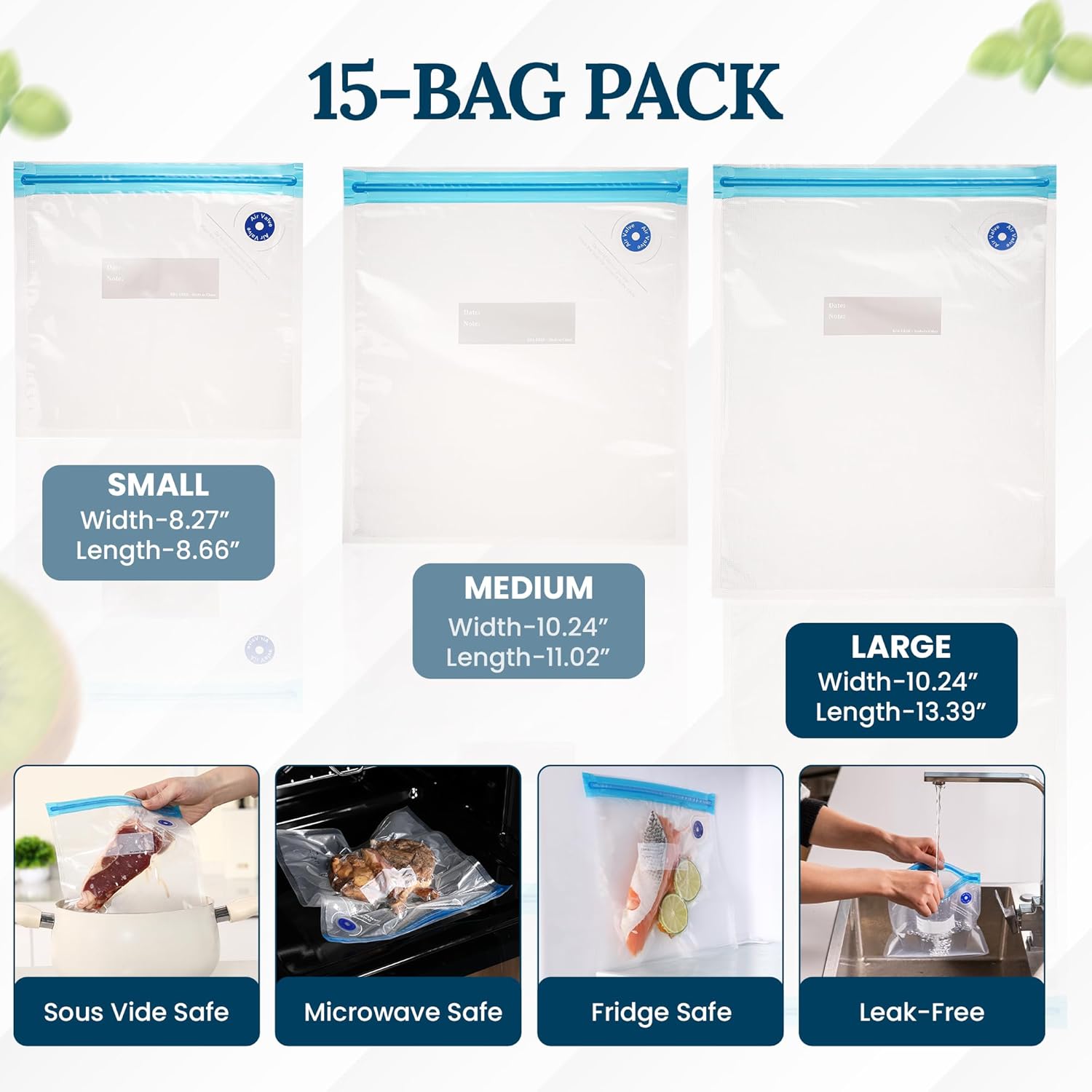 Food Vacuum Sealer Bags – 15 Pack Reusable Bags with Leakproof Zip Seal & Air Valve – Microwave, Freezer & Reusable Sous Vide (Large)
