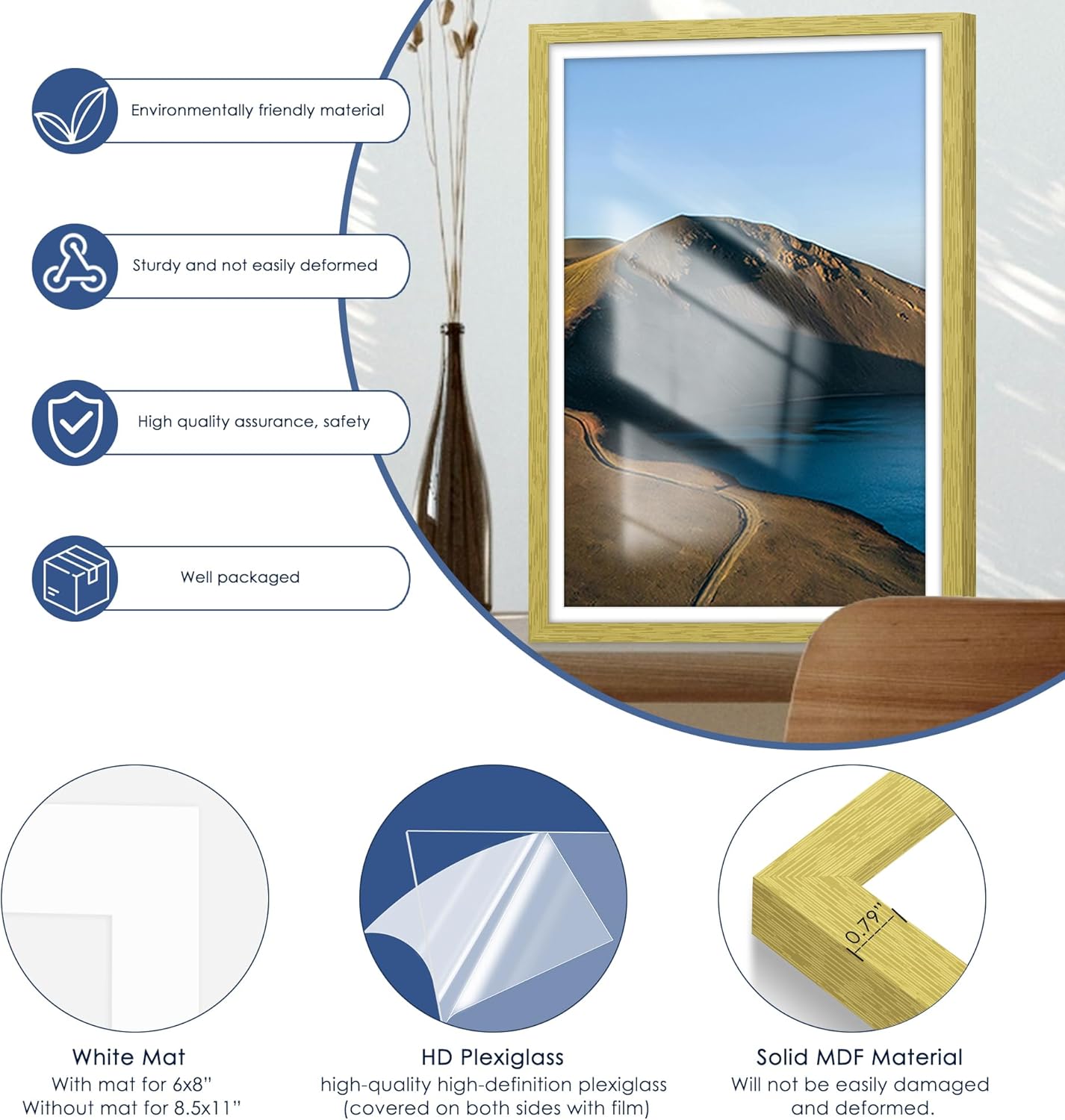 PEALSN 12x18 Picture Frame Set of 6, Display Pictures 11x17 with Mat or 12 x 18 without Mat for Wall Mounting Display, Photo Frames Collage for Wall Decor, Gold