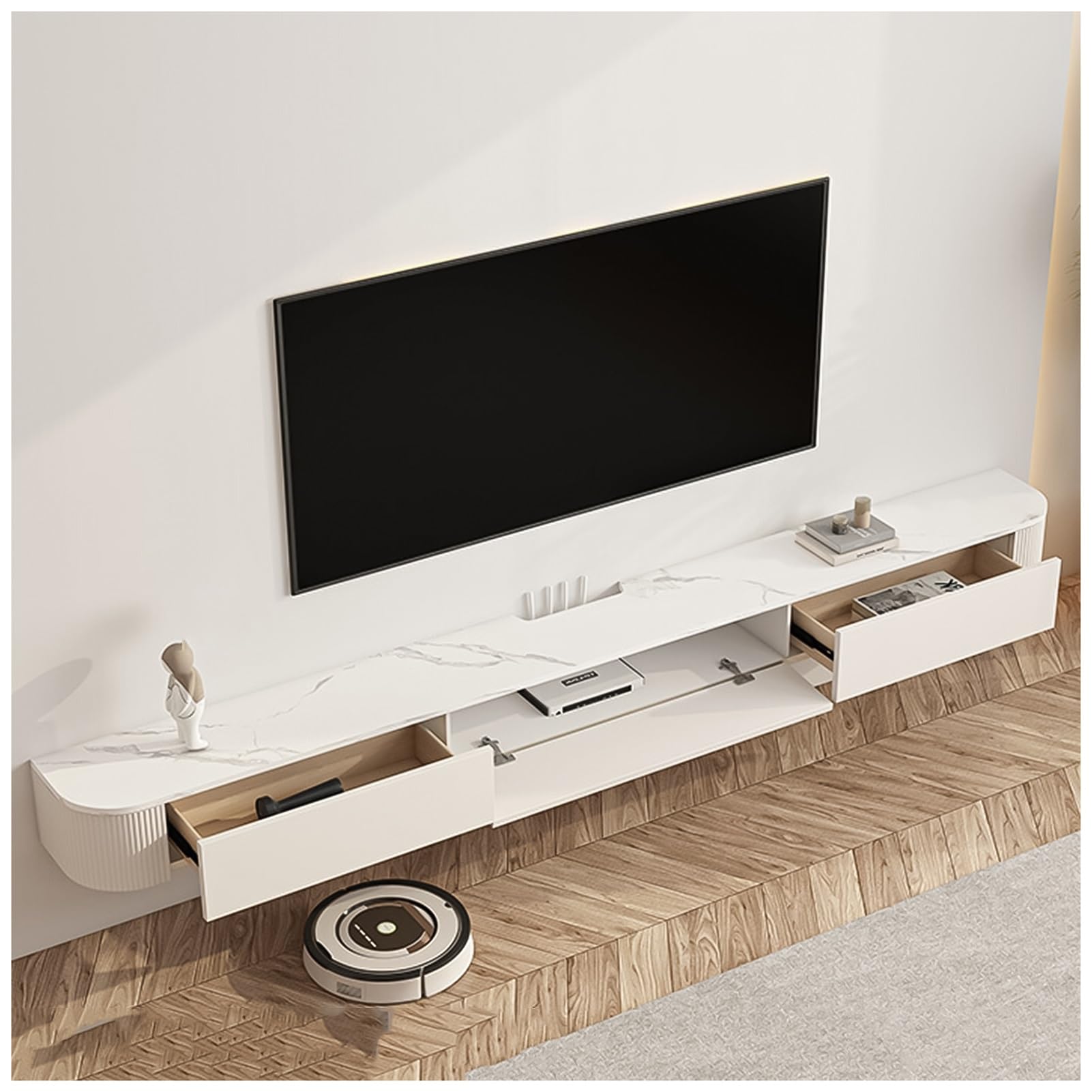 Meuble TV flottant blanc avec rangement pour cacher les câbles
