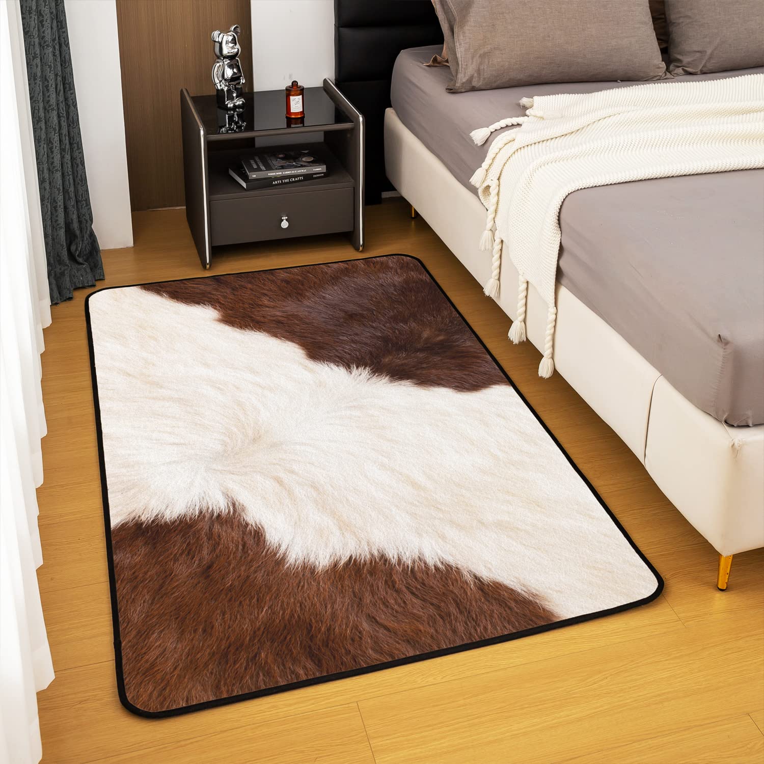 Loussiesd Alfombra de piel de vaca para sala de estar, dormitorio, animal de granja occidental, color marrón y blanco, 150 x 200 cm