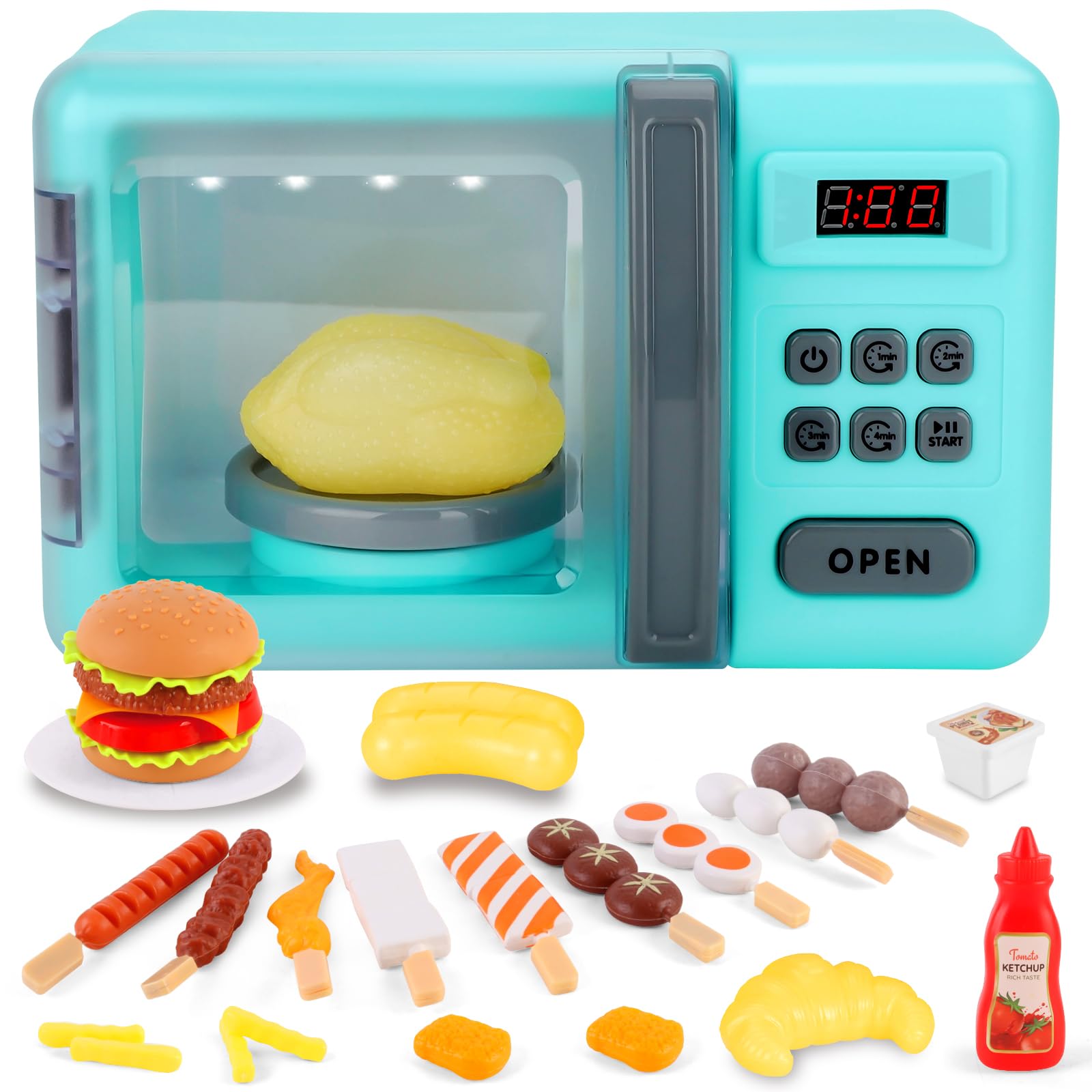 deAO Micro-Ondes Four Toy Cooking Play Kit avec Lumière Réaliste, Sons | Jeu de Cuisine avec Poulet Rôti et Play Fake Foods, Électronique et Aliments de Jeu, Jouets Cuisine Éducatifs pour Enfants