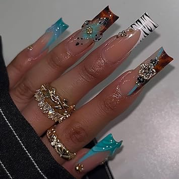 Flower Press on Nails Long Square Shaped Fake Nails Press Ons Blue Brown False Nail with French Tip Design Glossy Full Cover Glue on Nails Artificial Acrylic Stick on Nail for Women Manicure 24Pcs