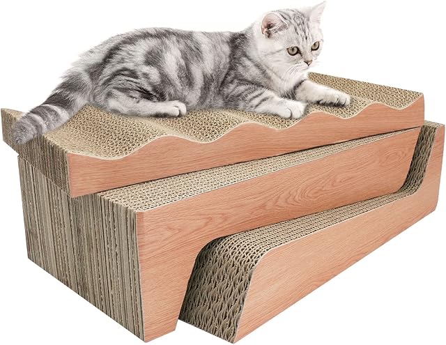 PIZZ ANNU 3 Packs Cat Scratching Pad Corrugated Lounge Bed Cardboard Reversible Cat Scratcher with Catnip(Wood)