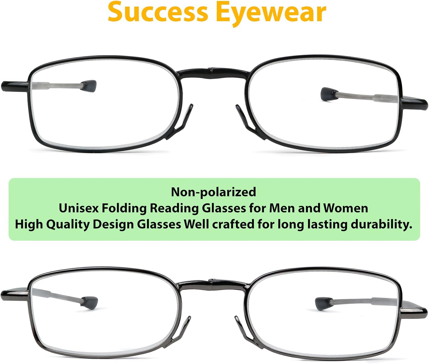 Success Eyewear Reading Glasses 2 Pair Black and Gunmetal Readers Compact Folding Unisex Glasses for Reading Case Included