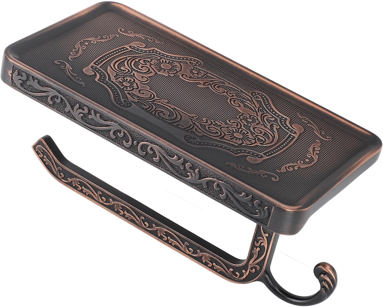 Retro Zinc Alloy Toilet Paper Holder with Shelf, Multipurpose Double Layer Bathroom Tissue Holder with Phone Shelf, Elegant and Space Saving Design (A2)