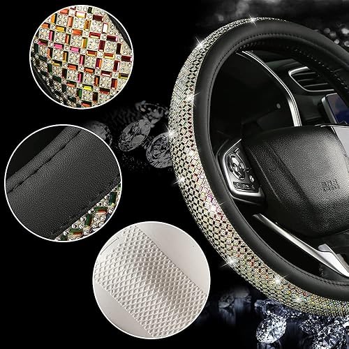 Miniatura 10 de Funda para volante de cuero con diamantes de imitación de cristal, transpirable, antideslizante, ajuste universal de 14 a 15 pulgadas, accesorios de