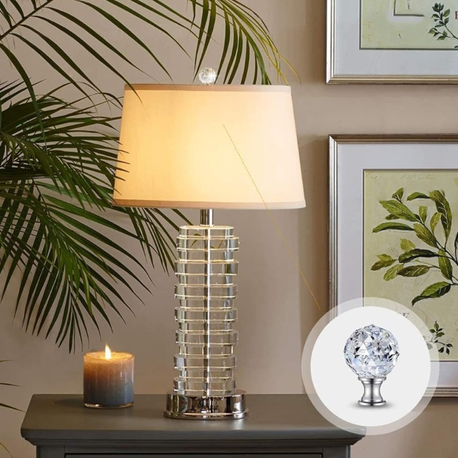 2Pcs Faceted Clear Glass Ball Finial Lamp Top Cap Screw with Base Threaded Diamond Table Floor Lampshade Decor