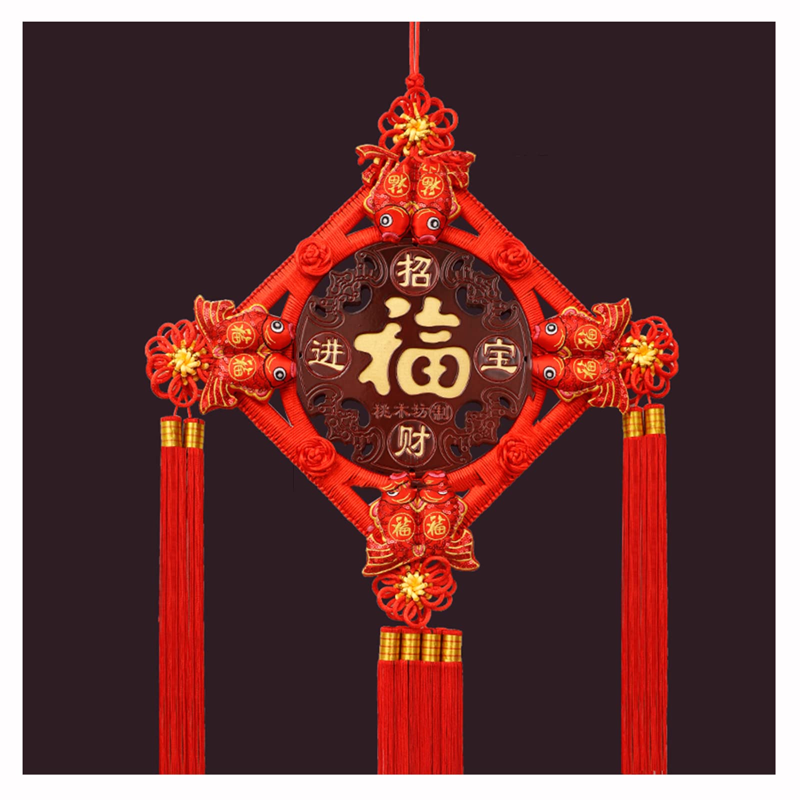Chinese new year decoration New Year's Gift Chinese Knot, 8-fish Pendant With Tassels, Peach Wood Decorations To Ward Off Evil Spirits(Size:98cm,Color:Red)