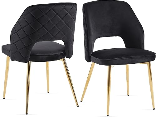 NORDICANA Juego de 2 sillas de comedor modernas, tapizadas de tela de terciopelo negro con patas de metal dorado, sillas laterales redondas con