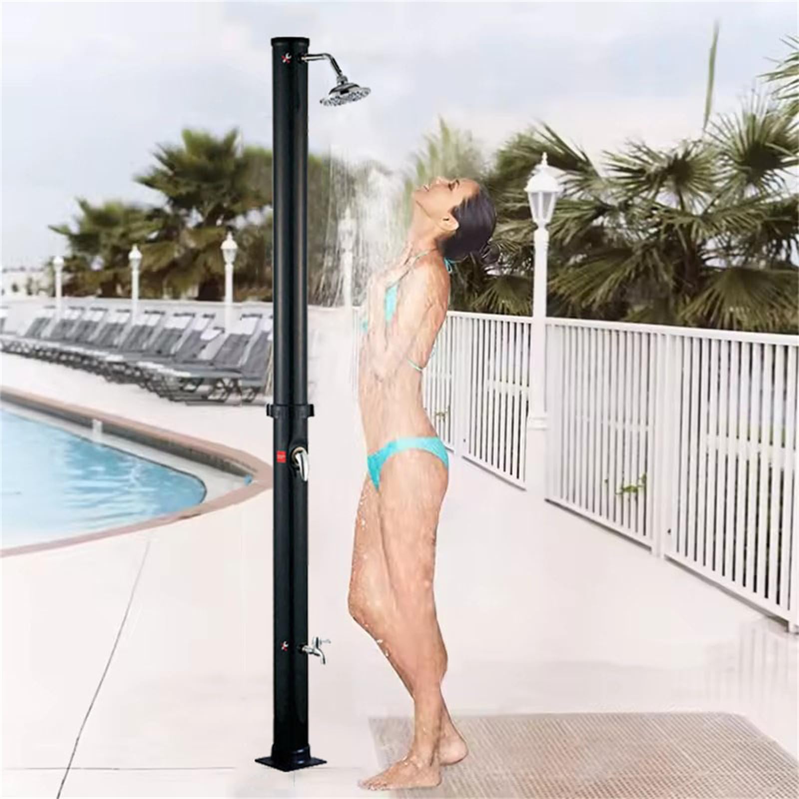 Douche solaire chauffante d'extérieur de 2,1 m pour piscine, arrière-cour et plage – Colonne de douche facile à installer avec robinet de tête et de pied, idéale pour une utilisation au spa et à la