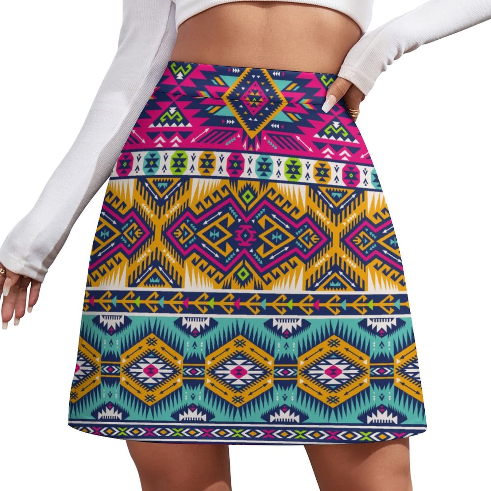 peiyeety Retro Tribal Navajo Pattern Aztec Geometric Ethnic Women's High Waist Skirt Stretchy Casual Short Skirt