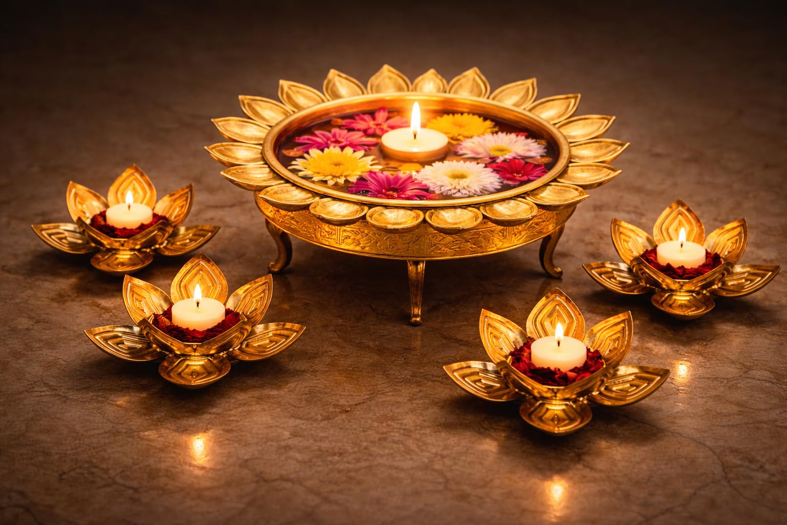 Large 12 Inch Metal Urli Bowl with Lotus Tealight Holders | Traditional Diwali & Hindu Festival Floor Decor for Home, Pooja | Floating Flower & Candle Urli for Ganesh Chaturthi, Navratri & Gifting 2