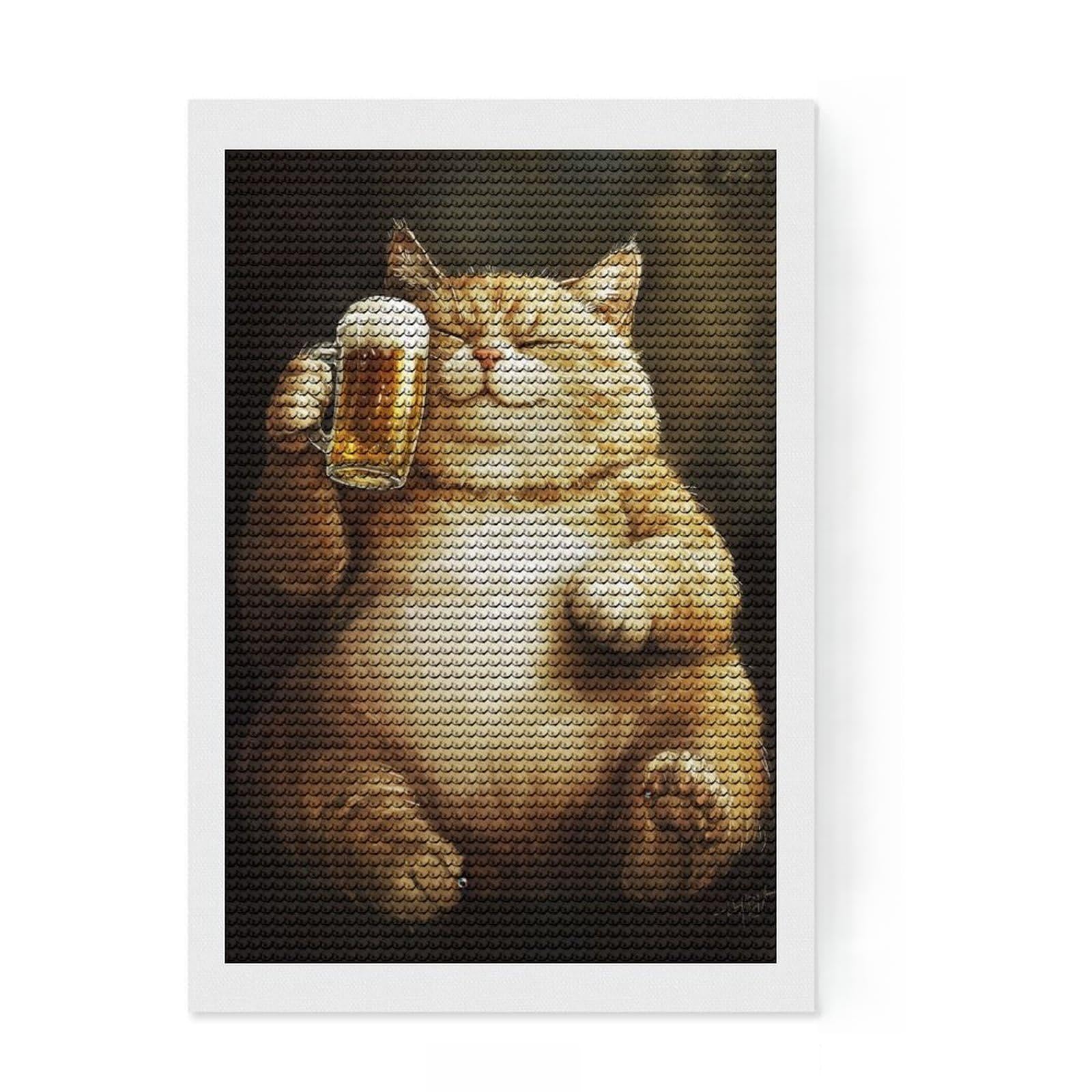 Junmoney Happy Cat with Beer Round Drill Diamond Painting 8"x12", Mindful Craft Activity, Simple to Start, Bedroom Decor, Holiday Gift Idea
