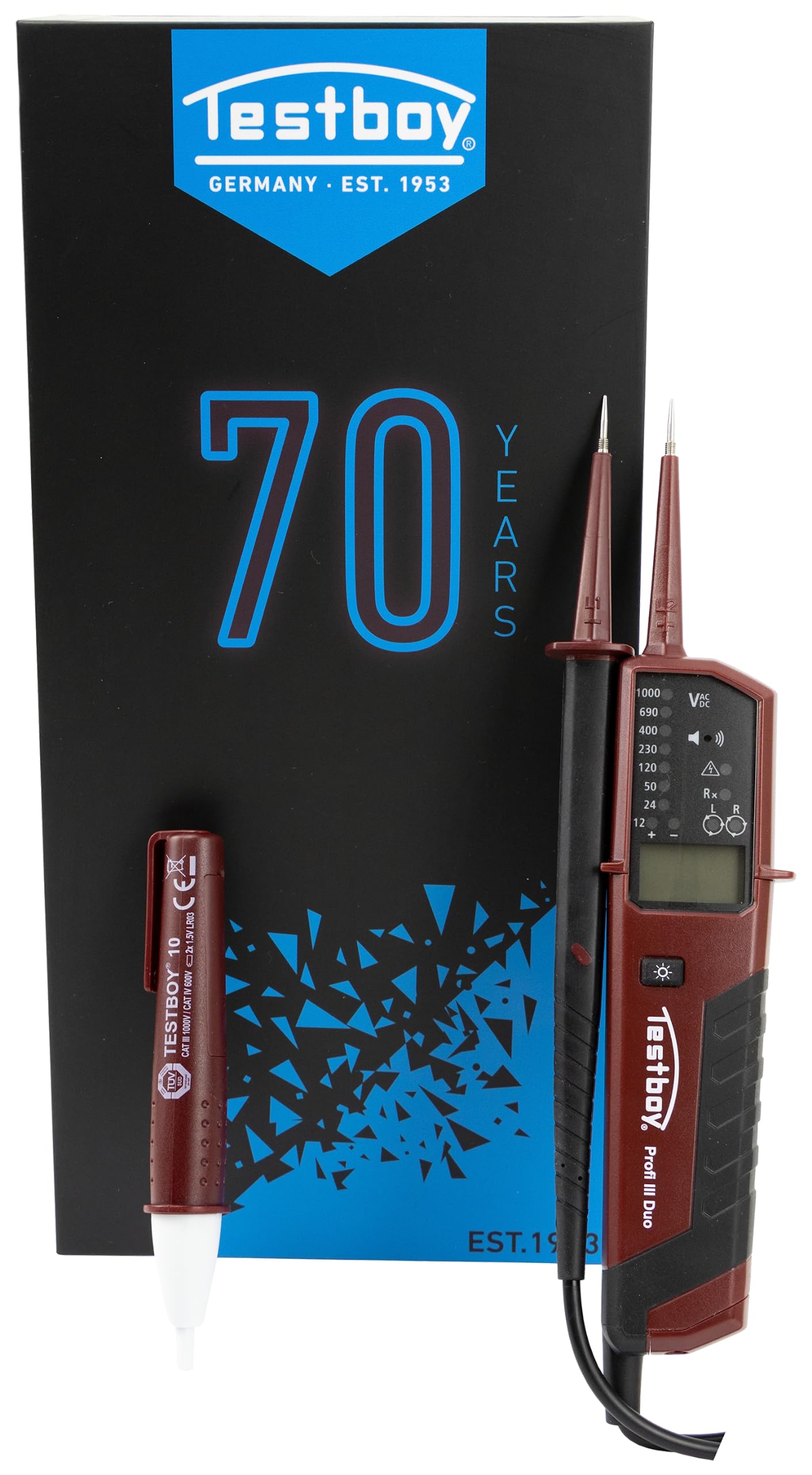 Testboy Profi III DUO Jubi Box con Testboy 10 gratuito (función de voltímetro precisa y alto nivel de seguridad - CAT IV 1000 V, prueba de campo giratorio bipolar, búsqueda de fase unipolar)