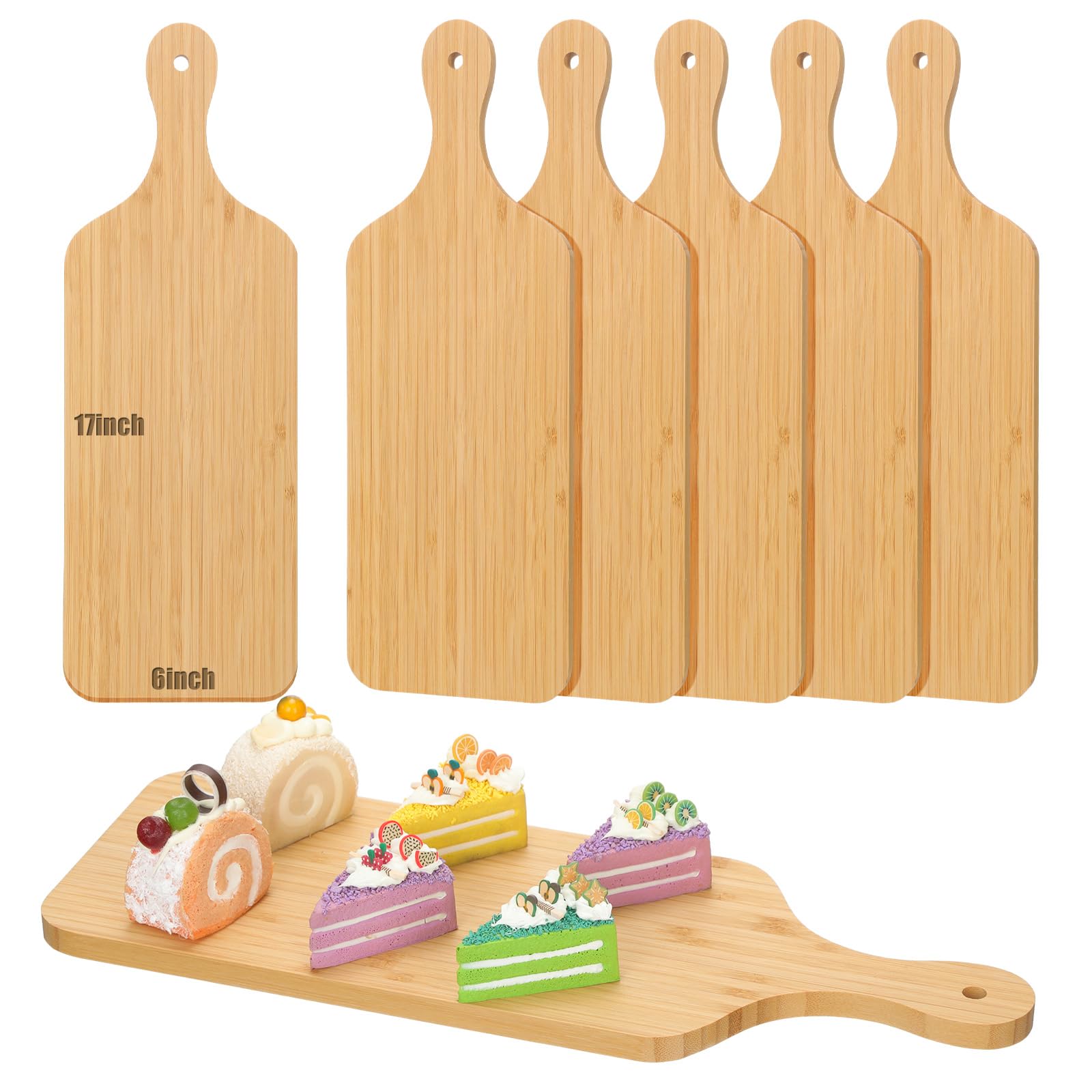Didaey 6 Pcs Bamboo Cutting Board Set Plain Wood Chopping Board with Handle Kitchen Charcuterie Boards Bulk Engraving Serving Tray for DIY Laser Engraving Wedding Housewarming Gift (17 x 6 Inch)