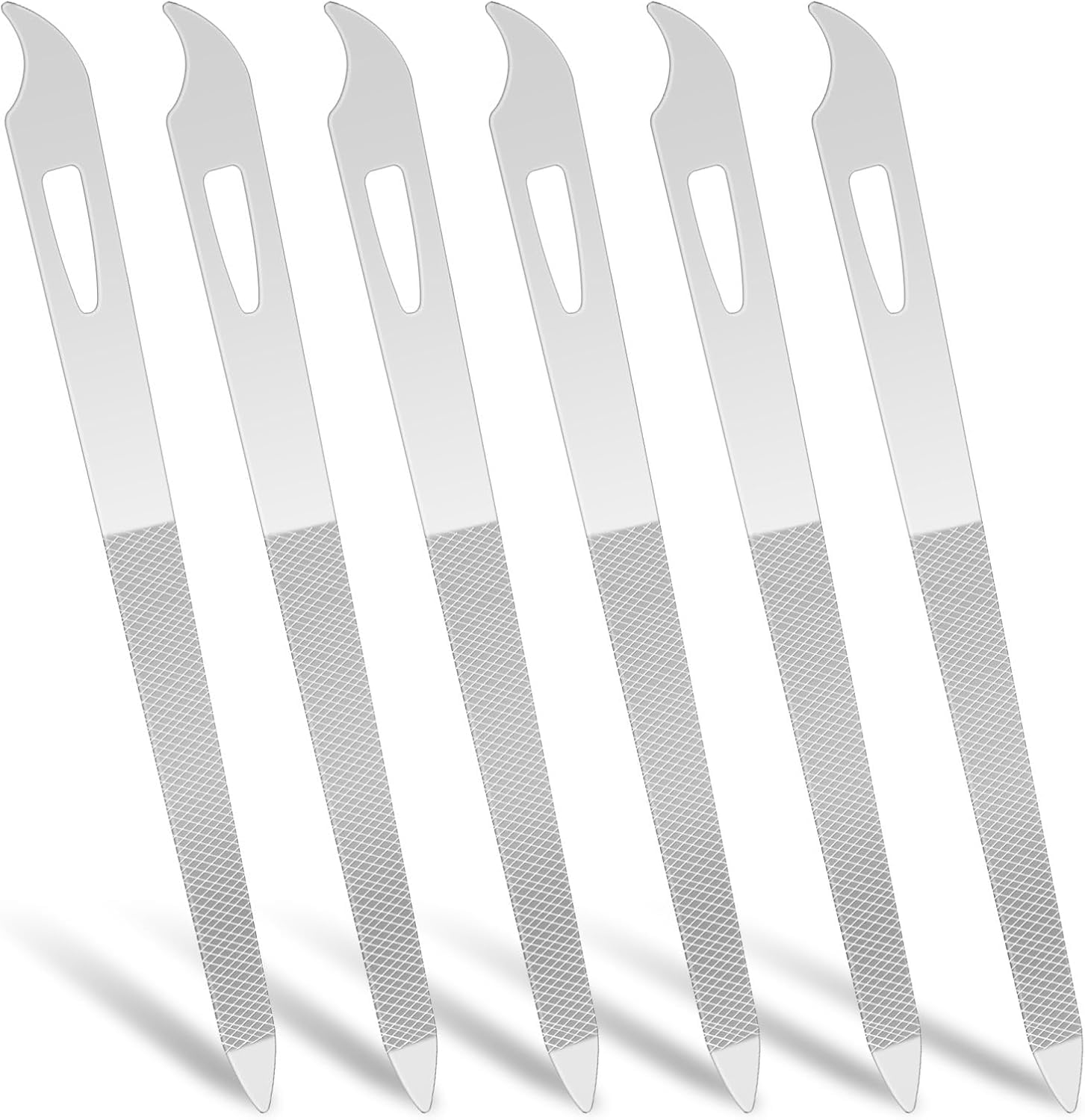 6-Pack Metal Nail Files with Cleaner Tip - 5.5" Stainless Steel Double-Sided Nail File Set for Natural Nails & Toenails | Curved Sharp Point | Manicure & Pedicure Tools for Home or Salon Use