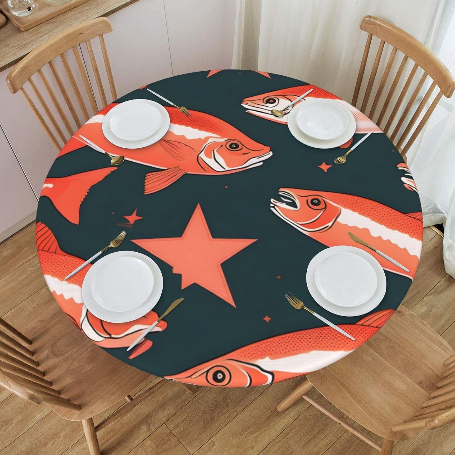 Salmon Print Outdoor Patio Kitchen Decor Supplies Wipeable Round Table Cloth for Indoor Outdoor