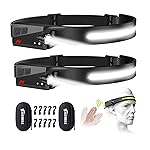 akerrelc Headlamp, 2 Rechargeable LED Headlamps with Motion Sensor, Up to 1200 lumens and 10 Hours Runtime, 10 Clips and 2 Cases, Waterproof Camping Gear for Hiking, Fishing, Cycling(Black)
