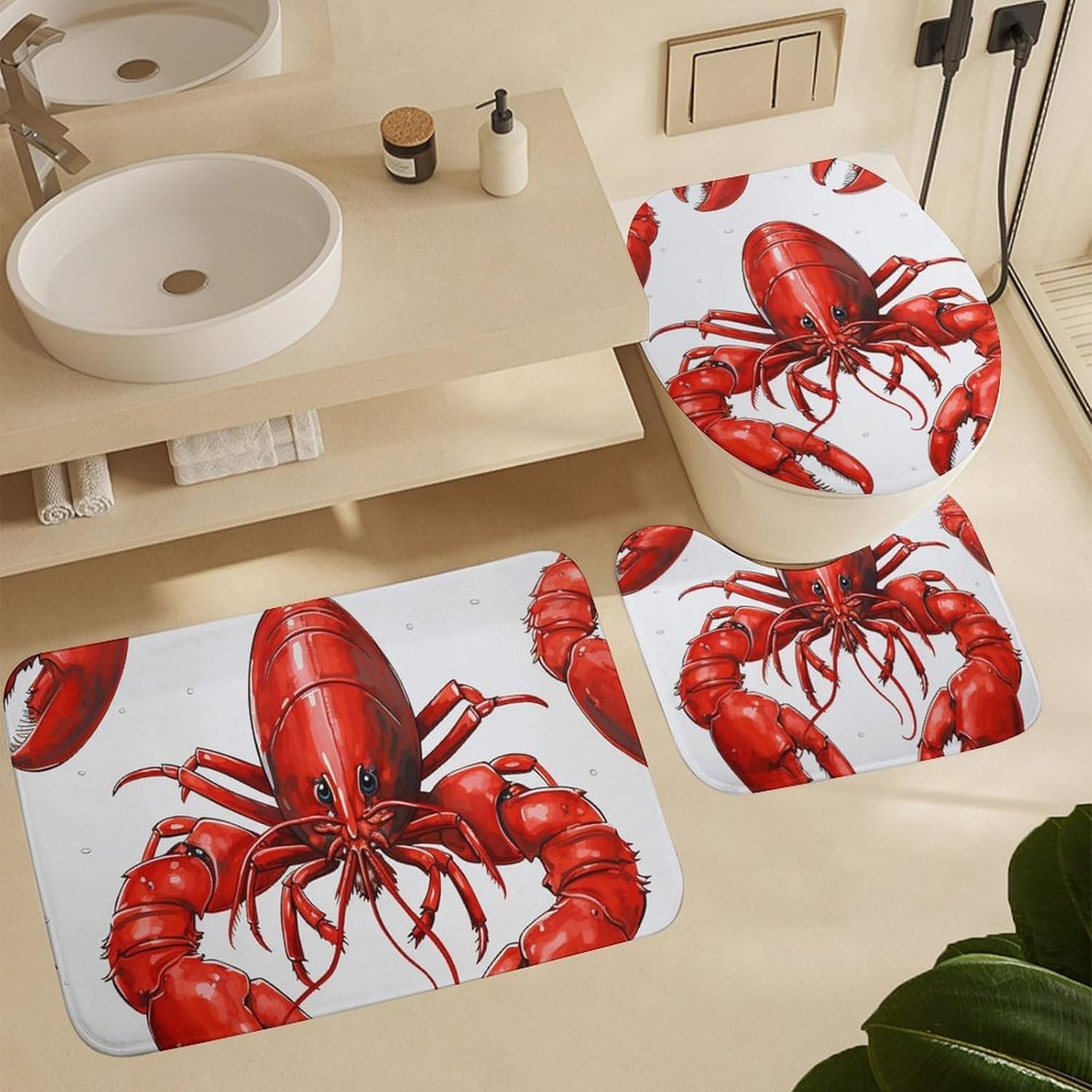 Red Lobster Print Shower Curtain Set 4 Piece, Non-Slip Bath Mat with Toilet Lid Cover and Waterproof Shower Curtain with 12 Hooks, Complete Bathroom Set for Home Decor