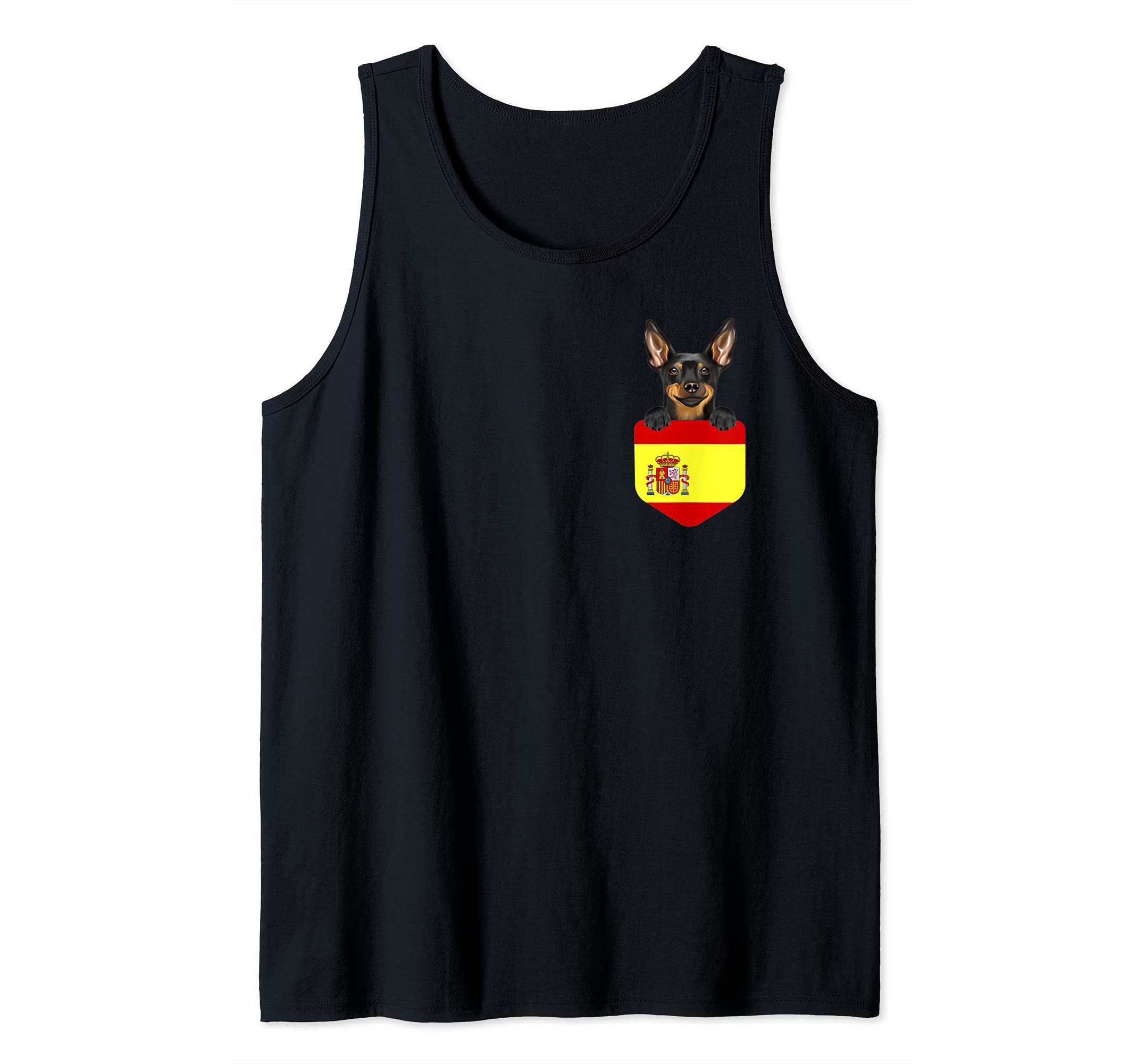 Spain Flag Miniature Pinscher Dog In Pocket Tank Top, Black