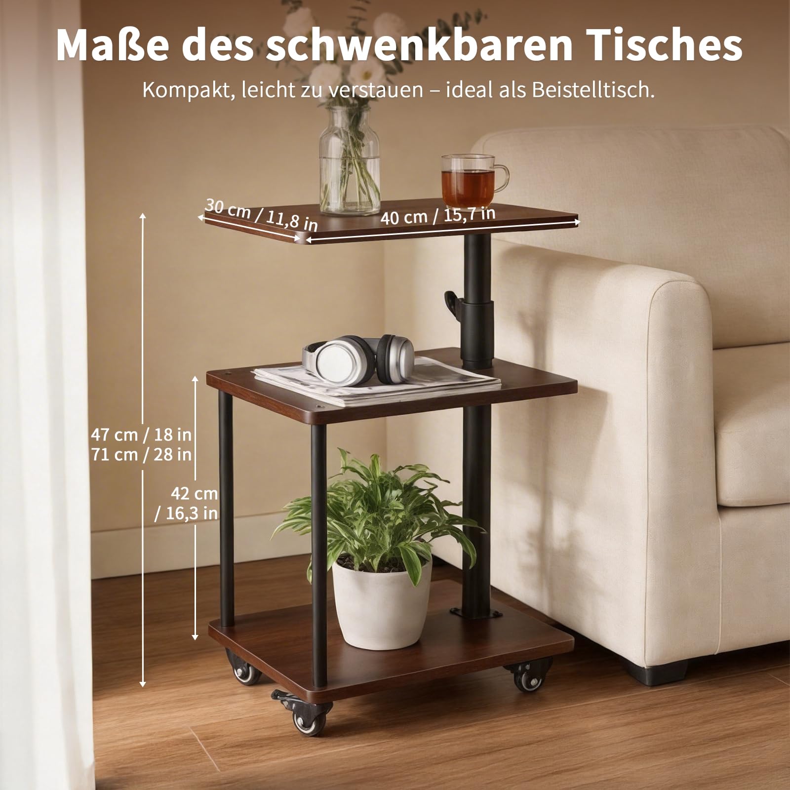 Beistelltisch auf Rollen mit Bremse, höhenverstellbar & 360° drehbar – Beistelltisch Couch/Side Table mit 3 Ablagen, stabilem Rohr, MDF Holzoptik, Walnuss