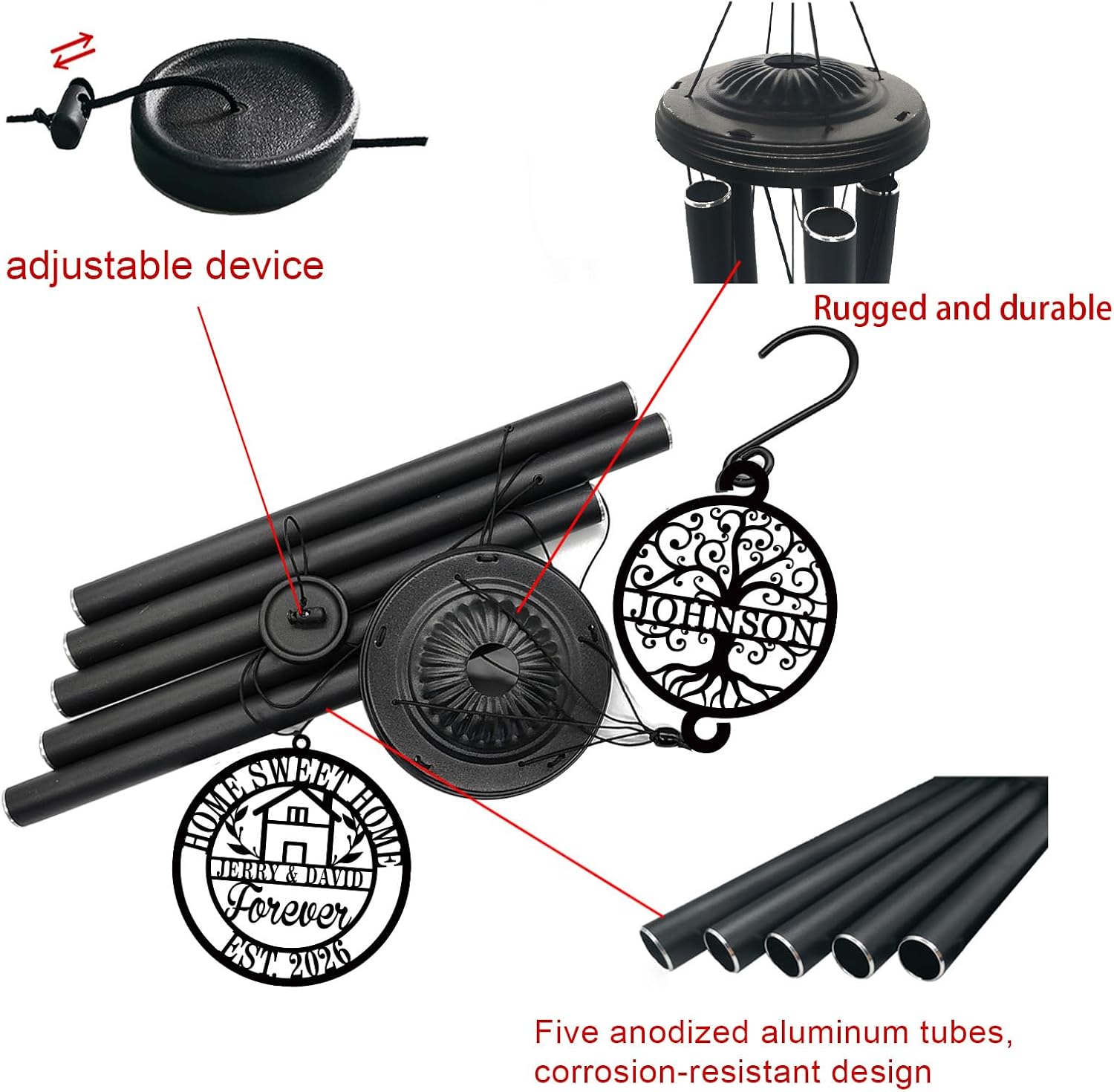 Personalized House Warming Gifts New Home, 37" Black Wind Chimes Housewarming Gifts, New Home Gift Ideas for Women Men Homeowners Couples Family Friends,Outdoor Decor for Patio,Garden,Yard