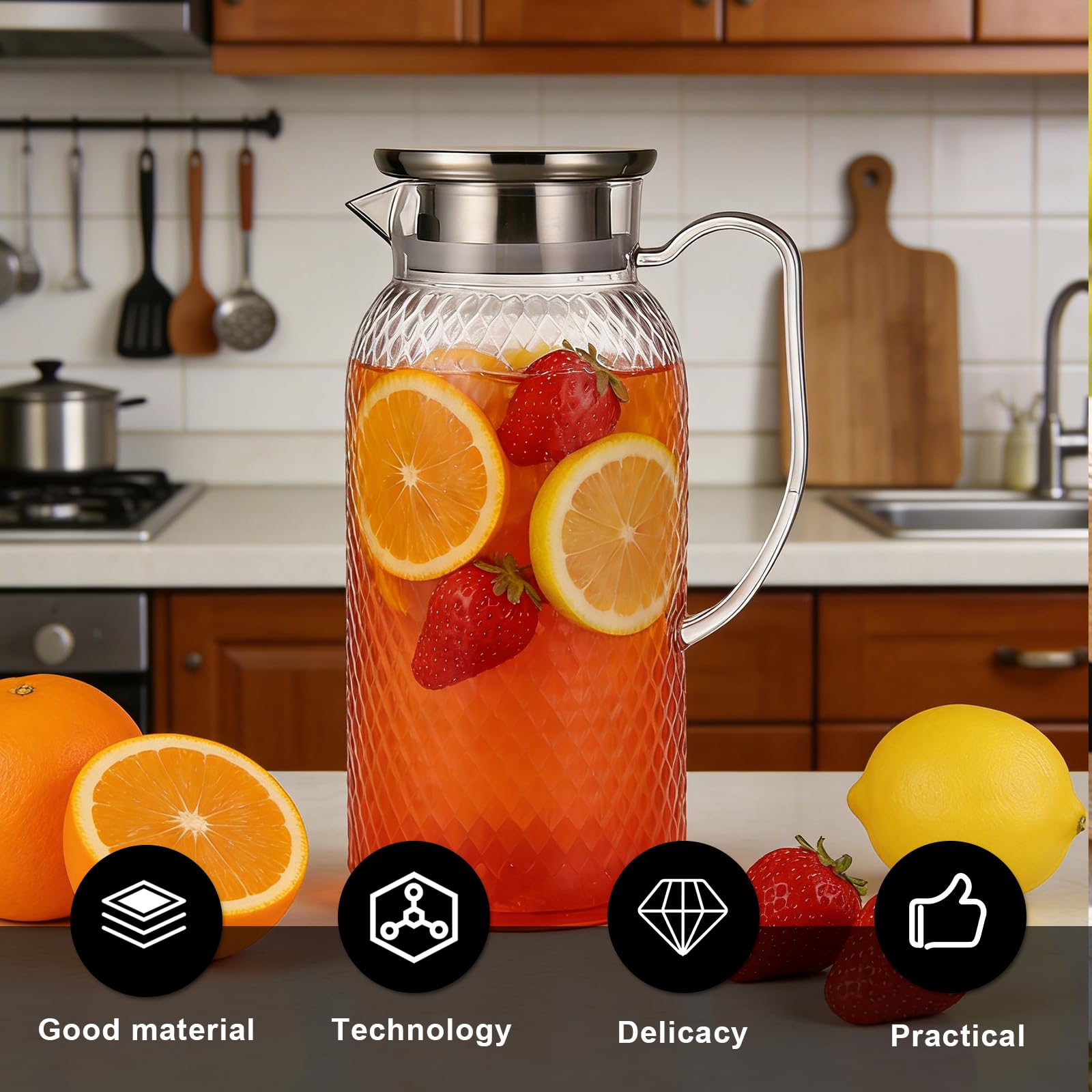 2 caraffa per succo da 1,8 l, in plastica con coperchio, infrangibile, resistente alle alte temperature, per frigorifero, latte, caffè, limonata