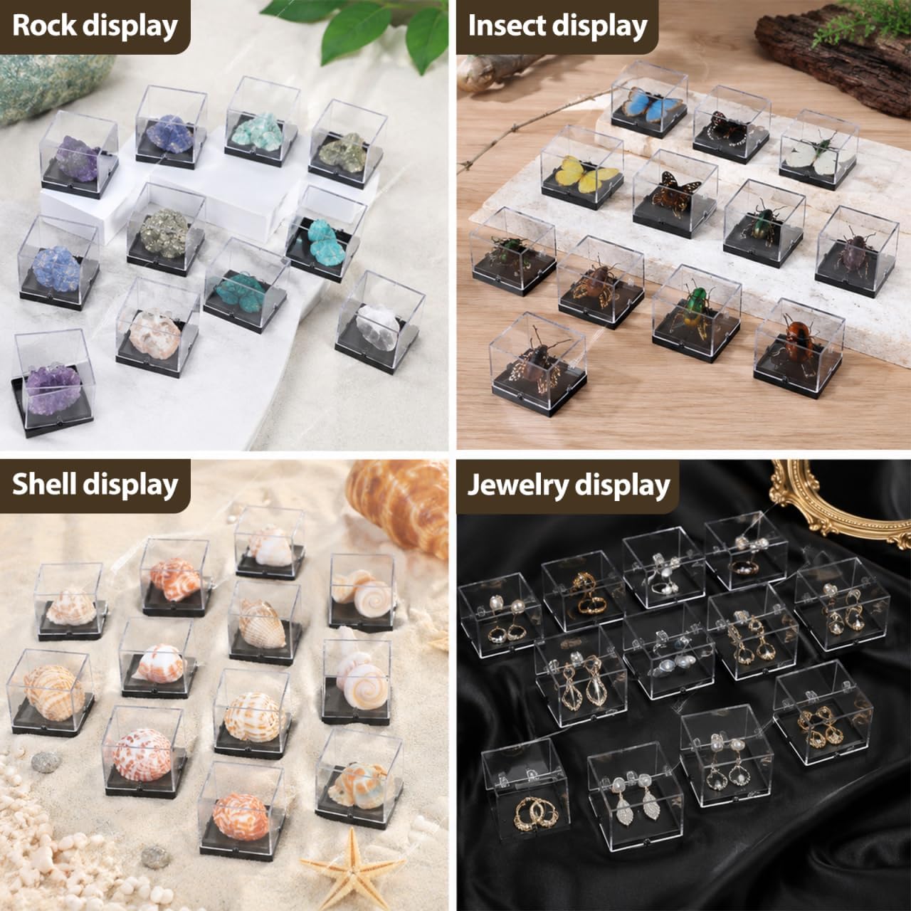 Cabilock 48 Pcs Mineral Specimen Rock Display Case Storage Boxes with Lids 5.51X1.37X1.37In Clear Display Cases for Rock Crystal Collection Organizing and Science Education
