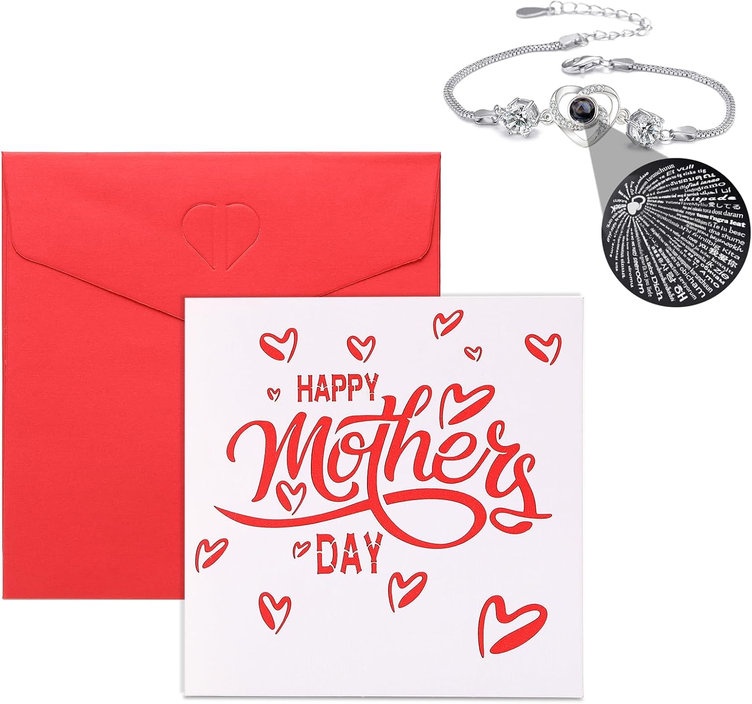 Foldin'Fun Mother's Day Cards For Mom, Happy Mothers Day Card From Daughter Son Husband, Mothers Day Gift Card With Heart Charm Bracelet 100 Languages I Love You