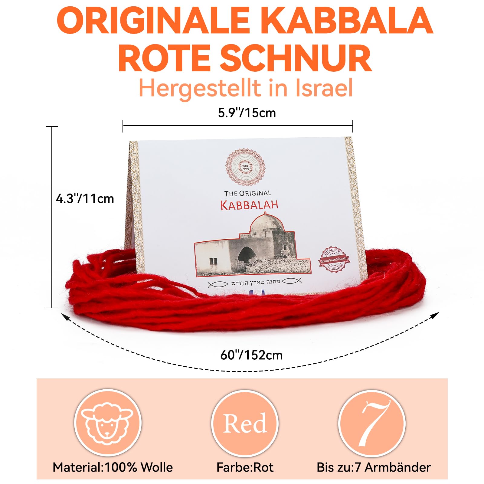 Bransoletka Kabbalah Czerwony Sznurek, Oryginalny Czerwony Brelok Kabbalah z Izraela o Długości 1,5M, Szczęśliwa Bransoletka na Grobie Racheli z Instrukcjami i Certyfikatem Autentyczności