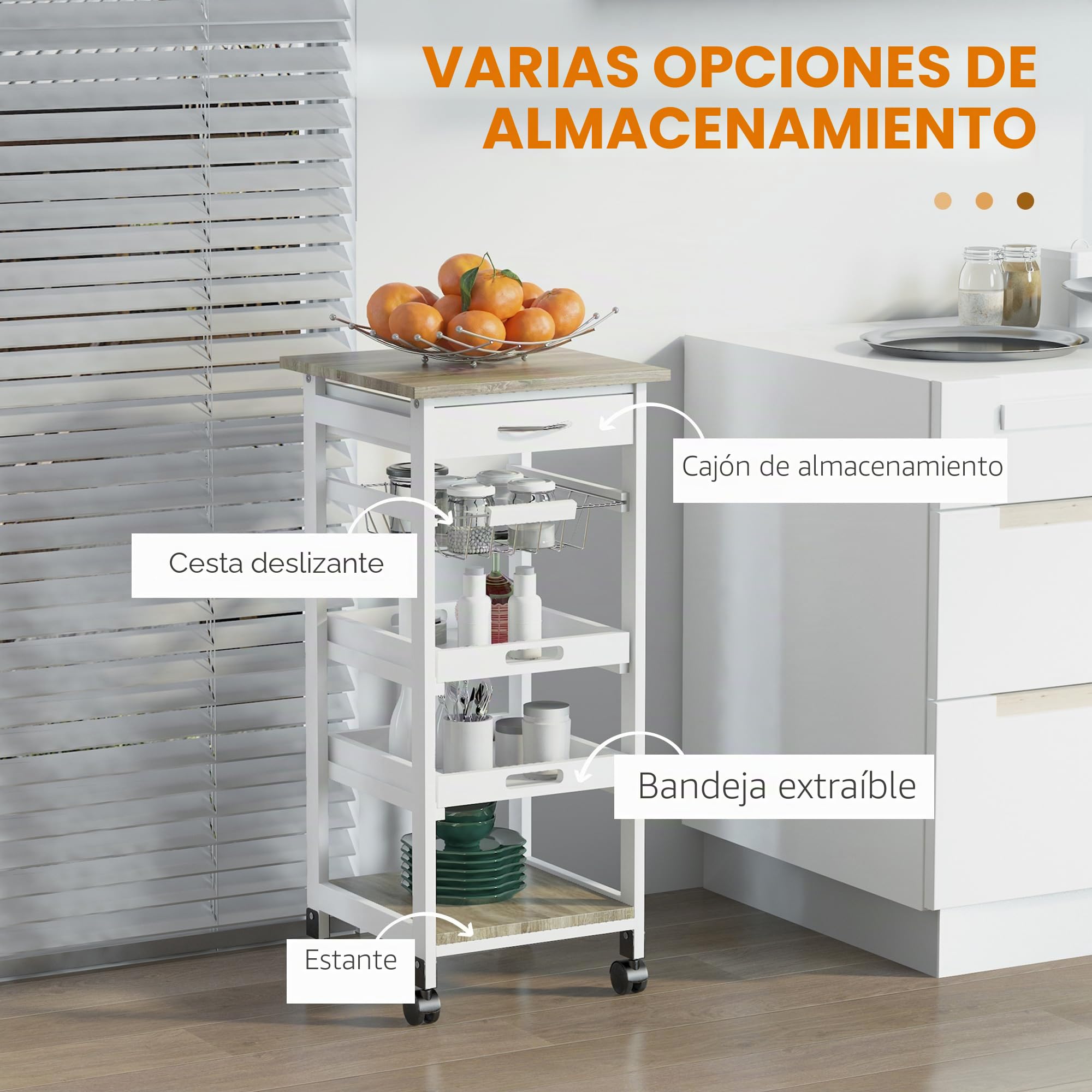 HOMCOM Carro de Servicio de Cocina con Ruedas, Cesta + 2 bandejas extraíbles, cajón, Estante MDF Roble Claro Madera Pino Blanco