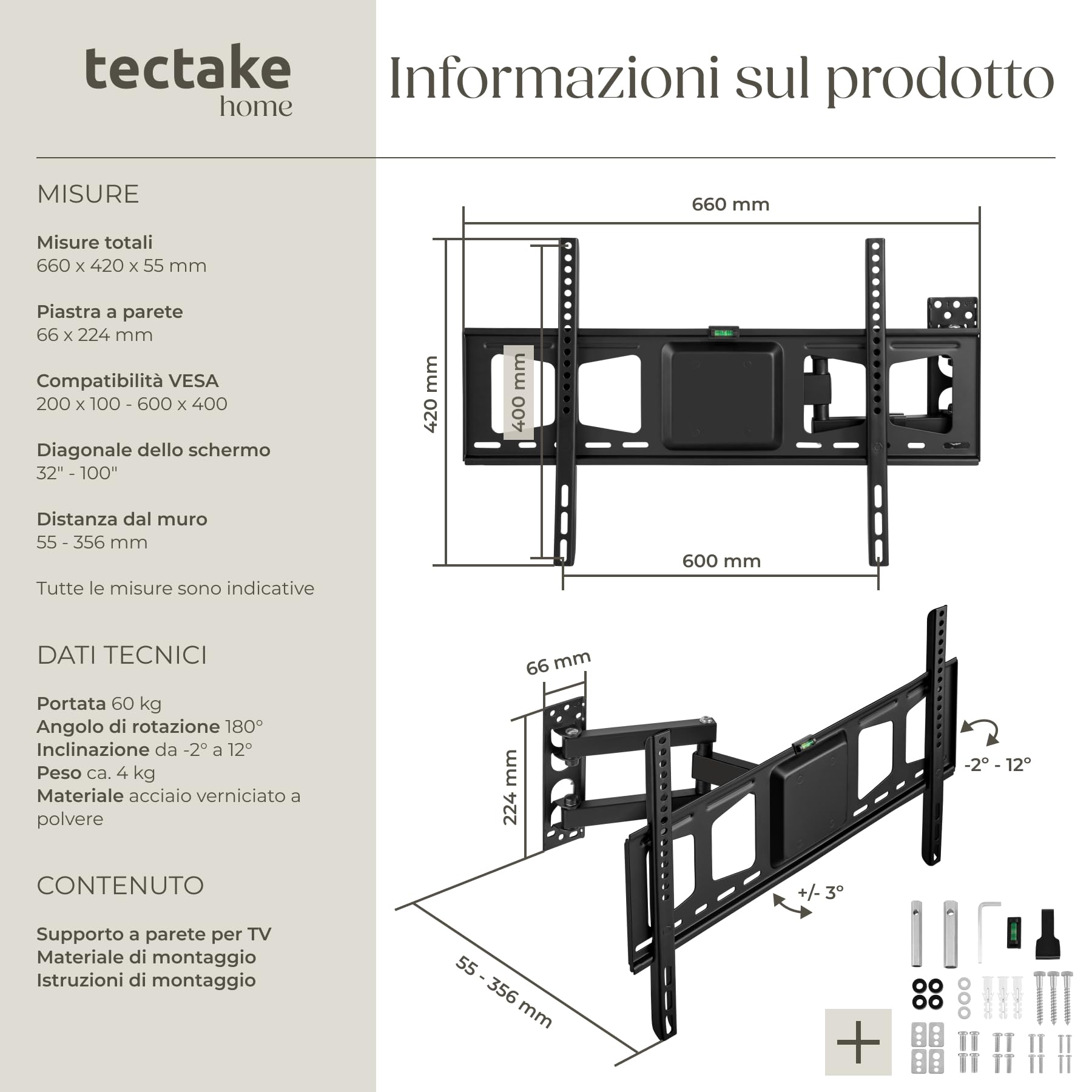 tectake® Supporto TV Parete Universale, Staffa Televisione Inclinabile e Girevole Adatto da 26-75 pollici, braccio monitor per TV 40 pollici, Supporto Televisore VESA da 400x400, Carico Max 100kg