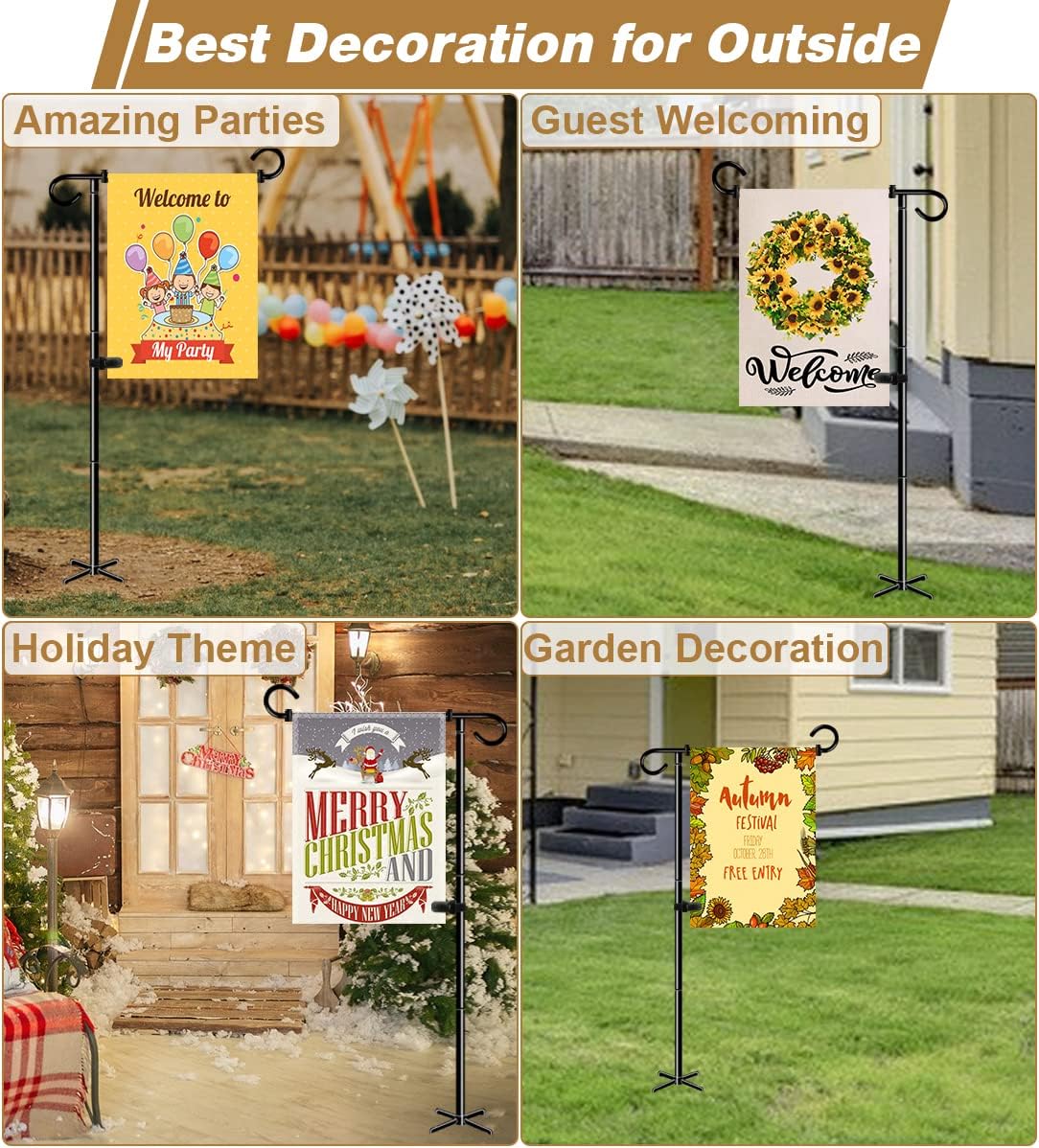 51 Inch Tall Garden Flag Stand Holder with 5 Prong base, Yard Flag Pole Holder for 12x18 Outdoor Small Flag Decor with Two Spring Stoppers and a Tiger clip, 2 Pack