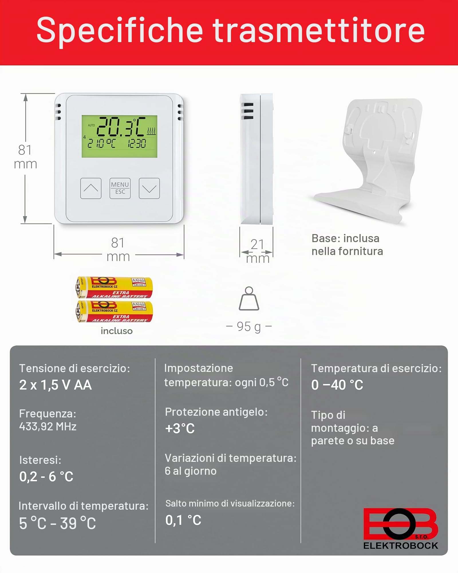 ELEKTROBOCK BT733 - Termostato radio con presa intermedia, portata 35 m, per riscaldamento elettrico e riscaldamento a infrarossi, programmi settimanali, antigelo, colore: Bianco