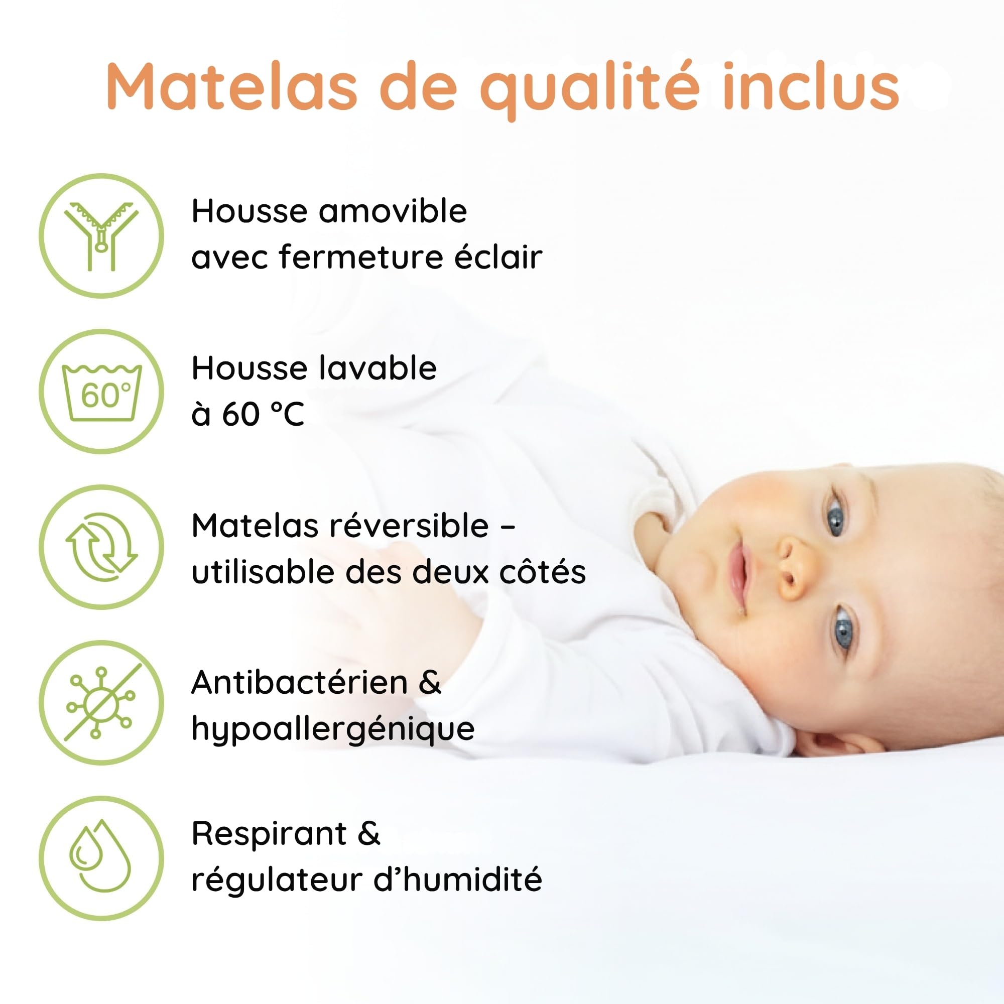 Kids Collective Lit bébé évolutif 60x120 70x140 cm Matelas Sommier hêtre Massif Blanc