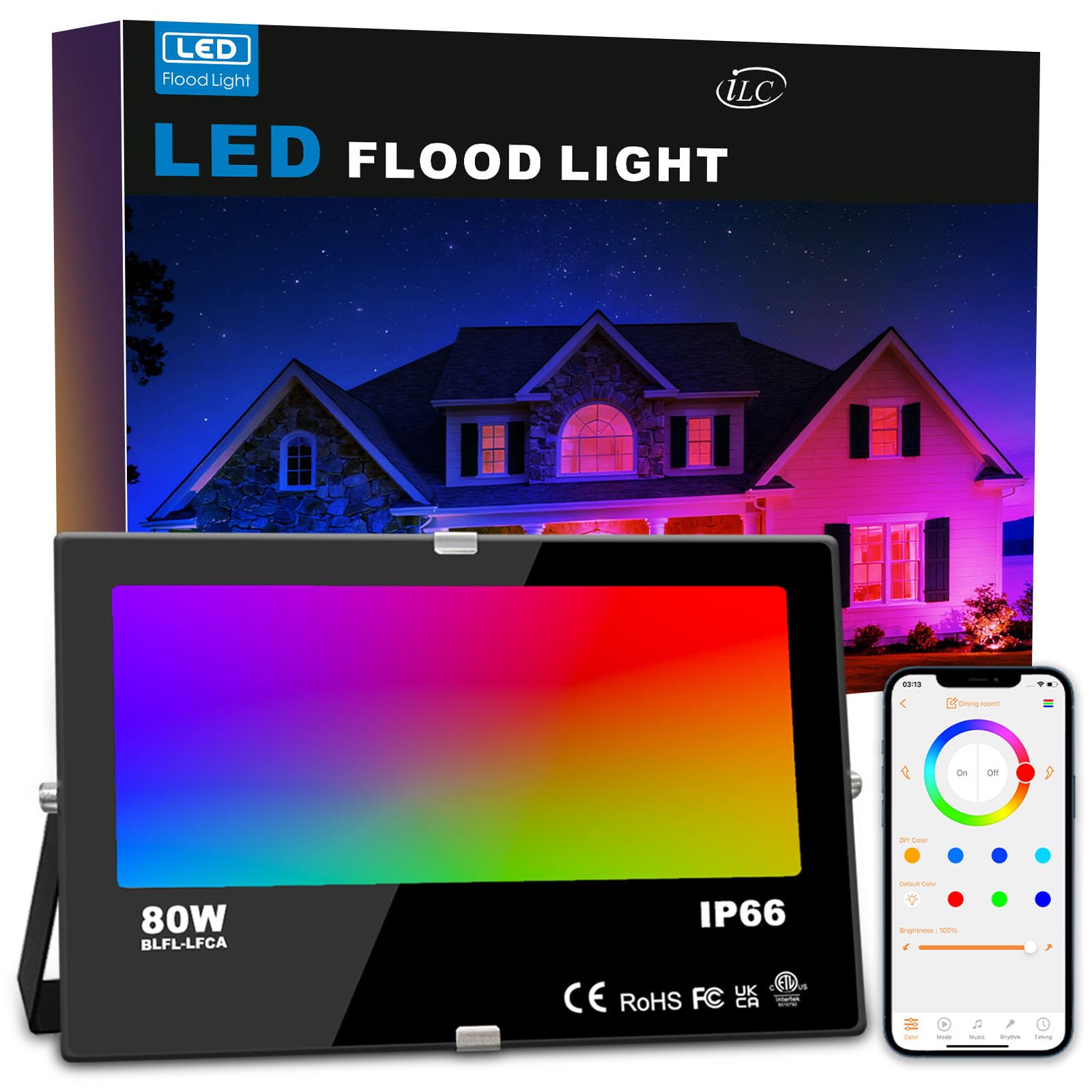 iLC RGB Projecteur LED extérieurs 80W, changement de couleur RGBW équivalent 800W, 16 million couleurs, Minuteur, Regroupement, 8000 lumens, blanc chaud 2700K, IP66 étanche